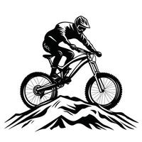 a black and white illustration of a mountain biker on a mountain vector