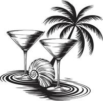 travel silhouette art with tree glass and snail side of beach vector