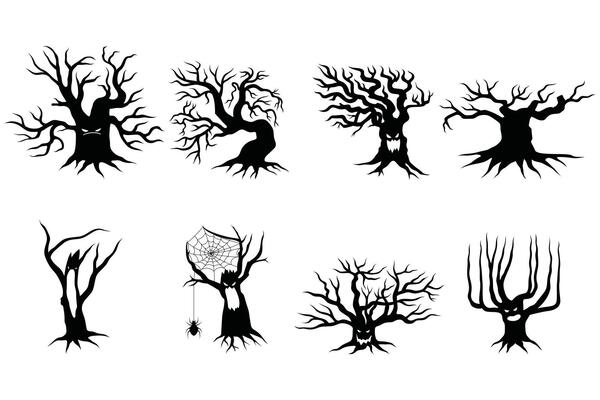 Old Tree Silhouettes with Roots Set