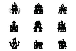 Silhouette Set of Halloween Haunted Homes with Ghosts and Creatures vector