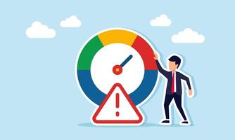 Businessman standing next to a diagram with an indicator needle and an exclamation mark, illustration of the need for attention to risk management indicators vector