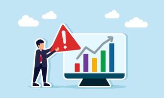 Businessman holding an exclamation or warning sign next to a monitor showing a rising chart, illustration of alertness in monitoring business performance vector