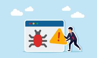 businessman carrying a warning or exclamation sign beside an app interface showing a virus, illustration of alertness to virus attacks targeting application programs vector