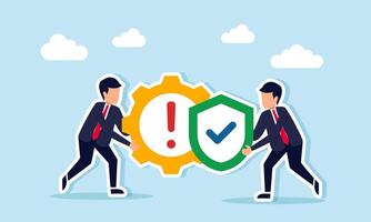 Businessman holding a shield with a check mark while another holds a gear with an exclamation mark, illustration of business protection and maintenance system vector