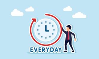 businessman standing next to a clock with continuous sign and everyday text, illustration of being ready and alert twenty four seven to meet customer business needs vector