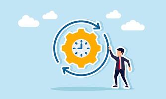 Businessman standing next to a gear with a clock symbol and continuous sign, illustration of automation in work or production system maintenance vector