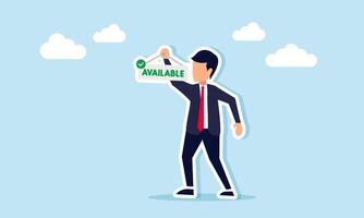 businessman holding a hanging tag labeled available, illustration of availability to fulfill various needs in business operations and customer service vector