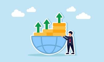 Businessman stacking dollar coins to complete a row of dollar coin stacks on top of half a globe, illustration of global interest rate increase vector
