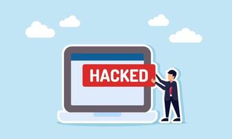 businessman carrying a board with the word hacked beside a laptop, illustration of a hacker attacking a targeted computer to gain access vector