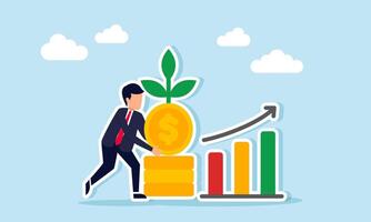 Businessman place a dollar coin with plants grow on a stack of coins next to a rising graph, illustration of good investment performance in increasing profit, revenue, and valuation vector