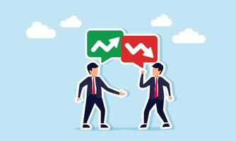 two businessmen arguing with each other and chat bubbles showing upward and downward arrows, illustration of debate and sharing about economic inflation and deflation vector