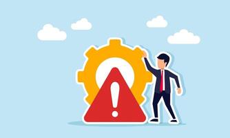 Businessman stands next to a gear marked with an exclamation or attention sign, illustration of the need for production system maintenance or business work systems. vector