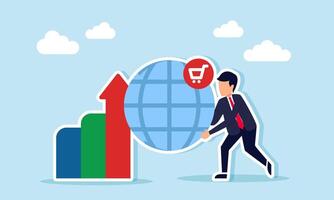 Businessman holding a globe marked with a chart next to a rising graph, illustration of mastering the global market and international or borderless free trade vector