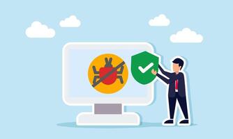 businessman carrying a shield with a check mark beside a monitor showing a crossed-out virus, illustration of strong antivirus protecting a computer vector