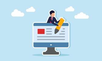 businessman carrying a pencil from behind a monitor, illustration of preparing a project or work report digitally vector