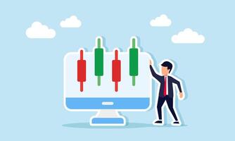 Businessman standing beside a monitor displaying stock candlesticks, illustration of monitoring and analyzing stock market movements vector