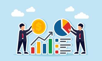 Businessman holding a dollar coin and another holding a diagram next to a rising graph and list, illustration of teamwork or collaboration in preparing business financial reports vector