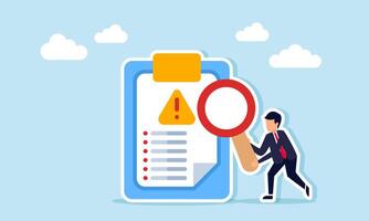 Businessman holding a magnifying glass next to a document board with a warning mark, illustration of business risk evaluation and analysis that draws company attention vector