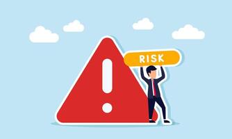 Businessman holding a board with the word RISK next to an exclamation or attention mark, illustration of the need for attention to risk management vector