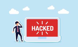 businessman looking confused at a laptop displaying the word hacked, illustration of confusion caused by a hacked computer vector