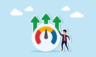Businessman standing next to an indicator or speedometer with three arrows pointing upward, illustration of business performance improvement based on standards and indicators vector