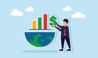 Businessman holding a dollar sign next to half a globe with a graph above it, illustration of currency performance worldwide vector