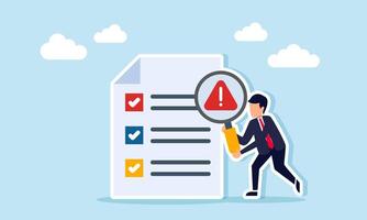 Businessman hold a magnify glass marked with an exclamation next to a document with a checklist, illustration of the need for attention to completed business project tasks vector