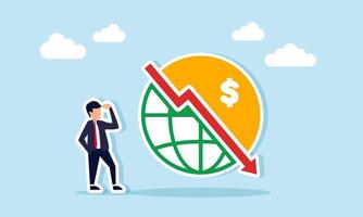 Businessman monitoring a globe icon separated by a downward red graph with a dollar sign, illustration of global deflation vector