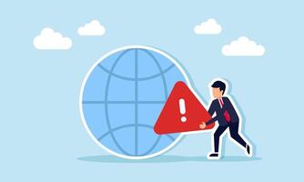 Businessman holding an exclamation mark or attention sign next to a globe, illustration of caution in running a global-scale business vector