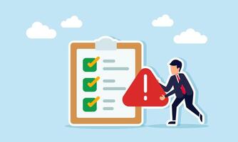 Businessman holding a warning sign next to a checklist board, illustration of project task list that needs extra attention vector