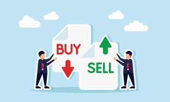 Businessman holding a paper with Buy and a down arrow, while others hold papers with Sell and up arrows, illustration of stock trading activity vector