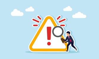 Businessman holding a magnifying glass next to an exclamation mark with a splash effect, illustration of the need for special attention to risky matters vector