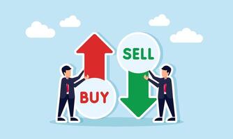 Businessman holding a sign with Buy and a down arrow, while others hold signs with Sell and up arrows, illustration of stock trading and market transactions vector