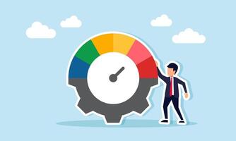 Businessman standing next to a gear with an indicator or speedometer model, illustration of a business work system indicator vector