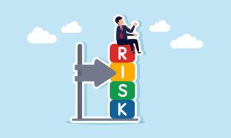 Businessman sitting next to a stack of blocks labeled RISK with an arrow marker, illustration of the need for measurable risk management vector