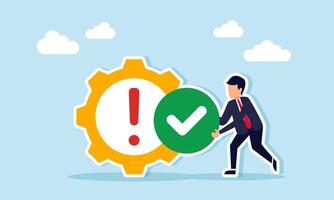 Businessman holding a check mark next to a gear with an exclamation mark, illustration of validation and verification of business work maintenance system vector