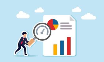 Businessman holding a magnifying glass with indicators next to a project report showing charts and diagrams, illustration of business performance and financial report evaluation vector