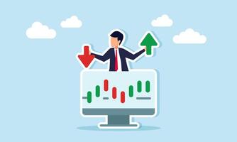 businessman behind a monitor displaying candlestick stock graph while holding upward and downward arrows, illustration of stock valuation fluctuation in a business company vector