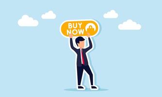 Businessman holding up a board with BUY NOW text and a cart symbol, illustration of a call to action for purchasing a product vector