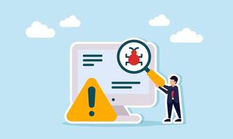 businessman holding a magnifying glass observing a virus beside a monitor with an exclamation or warning sign, illustration of caution and filter against computer threats vector