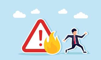 Businessman running away from a burning warning sign, illustration of avoiding or escaping from high business risk vector