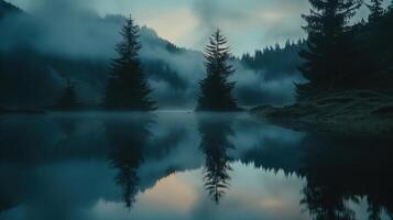Peaceful Dawn Scenes on Calm Mountain Lake photo