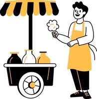 A hand drawn style illustration showing a character standing at candy cart vector