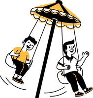A hand drawn style illustration showing two characters enjoying a spinning swing vector