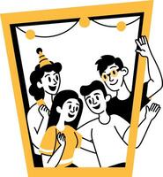 A group of friends taking pictures in a photo booth, hand drawn illustration vector