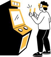A character experiences vr gaming, hand drawn style illustration vector
