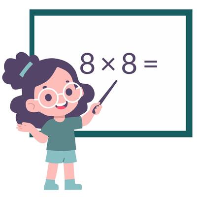 Happy Girl Teacher Explaining Math Equation 8x8 on Whiteboard in a Flat Design of Education