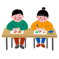 Two Young Children Drawing Colorful Shapes at Table in a Flat Design of Creativity and Learning vector