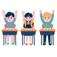 Excited Students Raising Hands in Classroom with School Desks in a Flat Design of Learning vector
