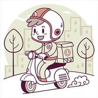 It is a cute cartoon character of a delivery boy on a scooter vector